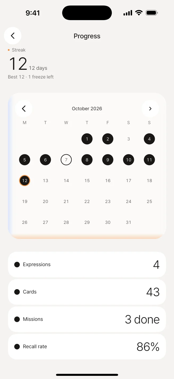 Progress screen with a streak calendar